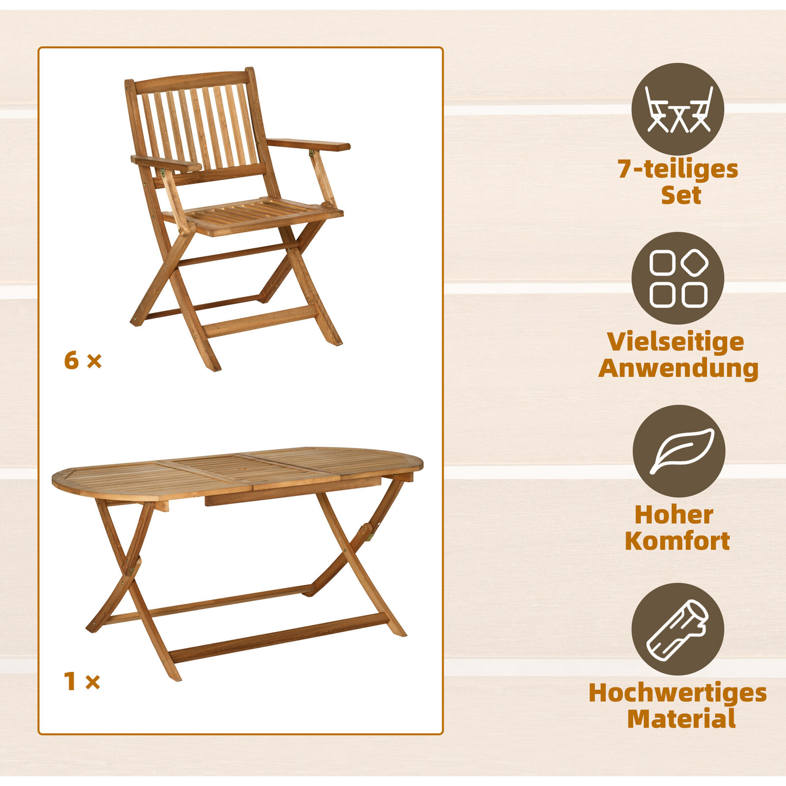 Seating group 7 pieces. Folding dining group garden furniture set made of solid natural wood