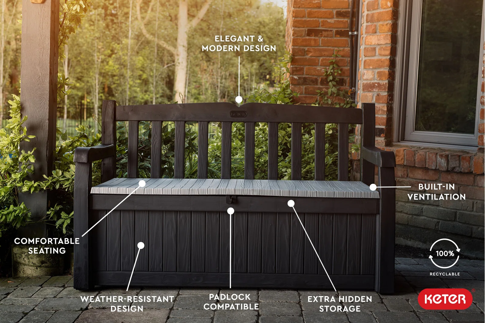 【Storage Shed】Solana Chic Elegant Wood-Look Storage Bench with Comfy Durable Weather Resistance Sitting