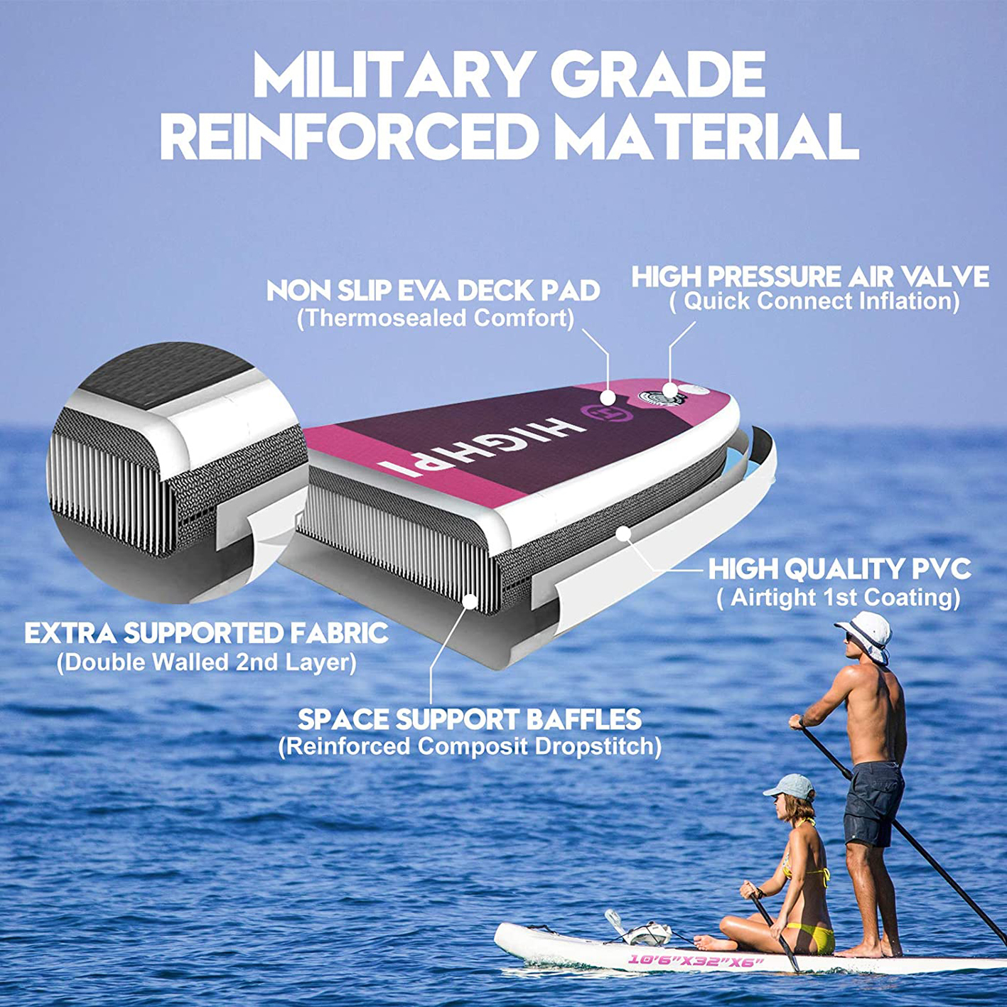 Highpi Inflatable Stand Up Paddle Boards, 10'6''/11' Ultra-Light SUP for All Skill Levels, w/Accessories Backpack, Anti-Slip Deck, Leash, Adjustable Paddle and Hand Pump, Waterproof Bag