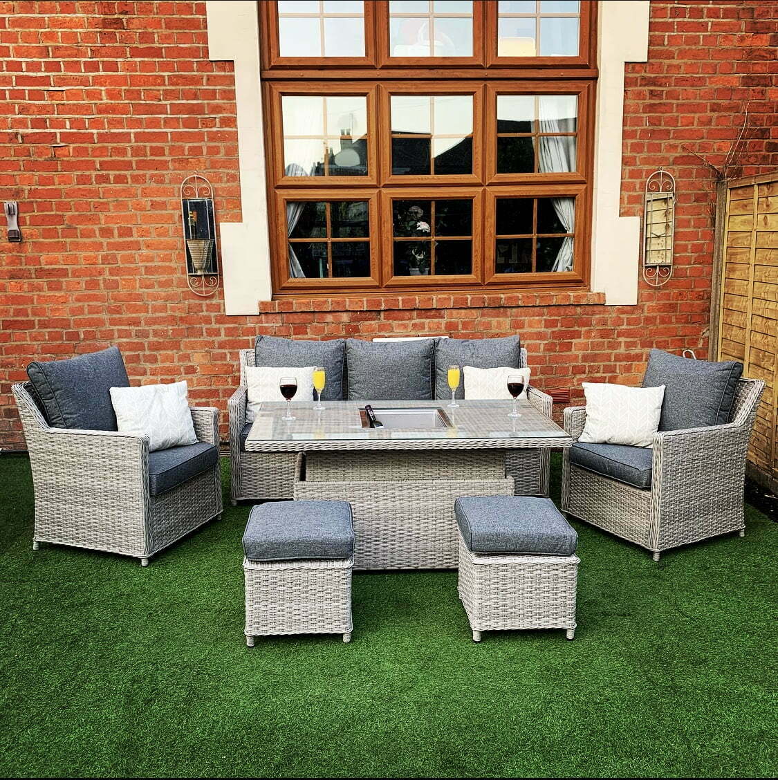 Sofa Patio Dining Lounge Set With Rising Table - Grey Rattan