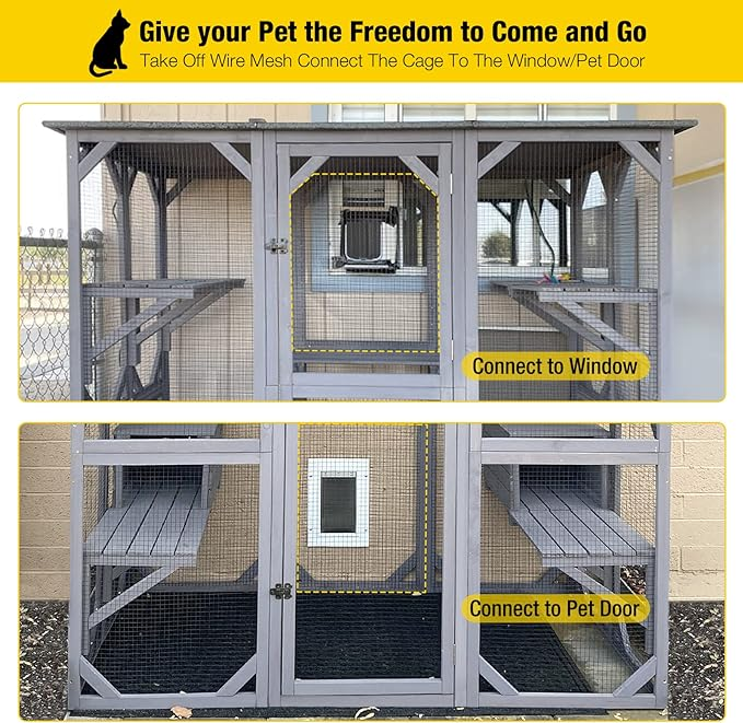 Aivituvin Cat House Outdoor Catio Kitty Enclosure with Super Large Enter Door, Wooden Cat Cage Condo Indoor Playpen with Platforms & Small House-71 Inch