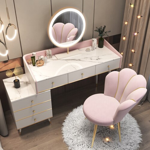 【Furniture】【BS】Nordic Dressing Table with Mirror, Stool & 3 Light Effect LED Mirrors, Golden Iron Dresser