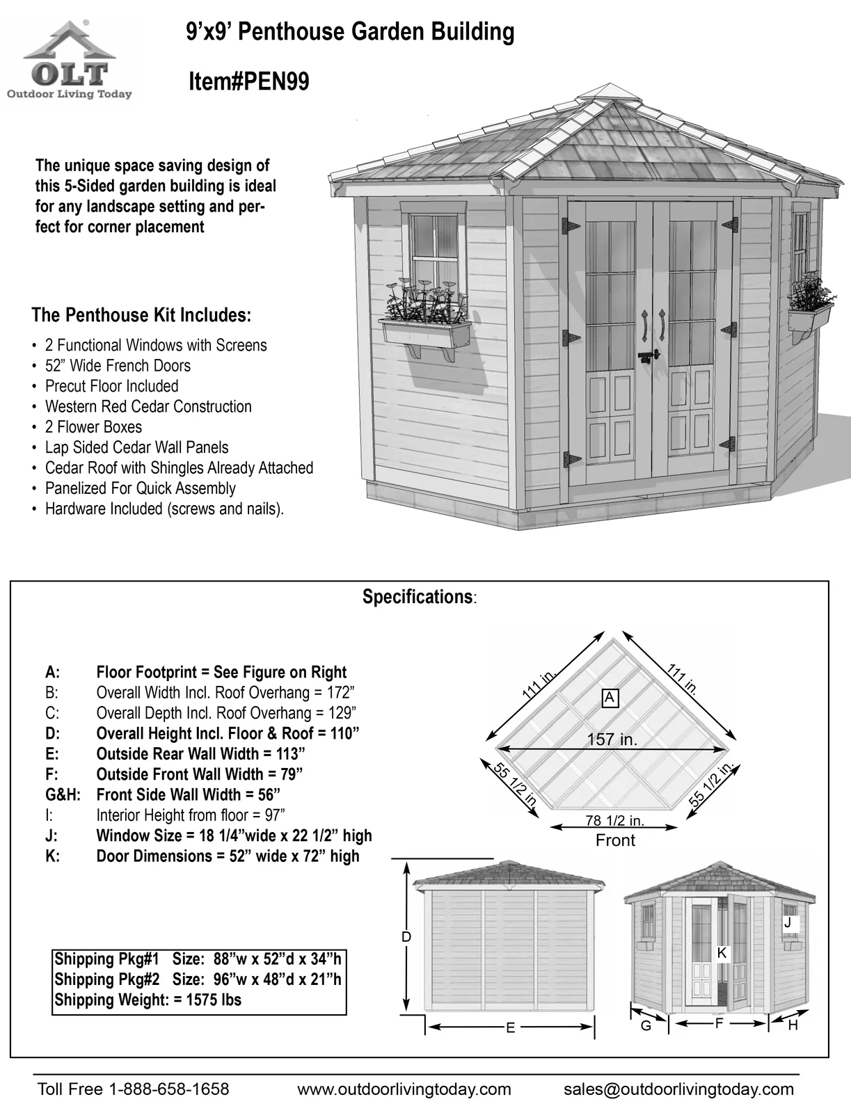 【Storage Shed】9 ft. W x 9ft. D Penthouse Cedar Wood Garden Shed with French Doors