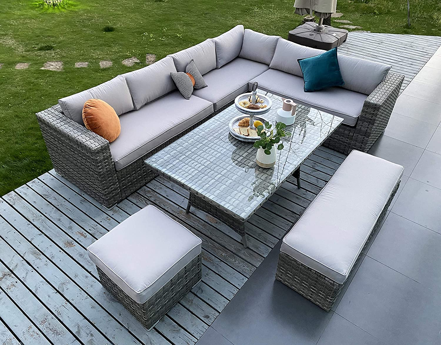 Ecosunny Rattan Garden Furniture Andrew 9 seaters Convertible Corner Sofa (288cm x 225cm x 81cm) Dining Table Set with Bench, Stool and Raincover, Flat pack - Mixed Grey Rattan and Light Grey Cushion