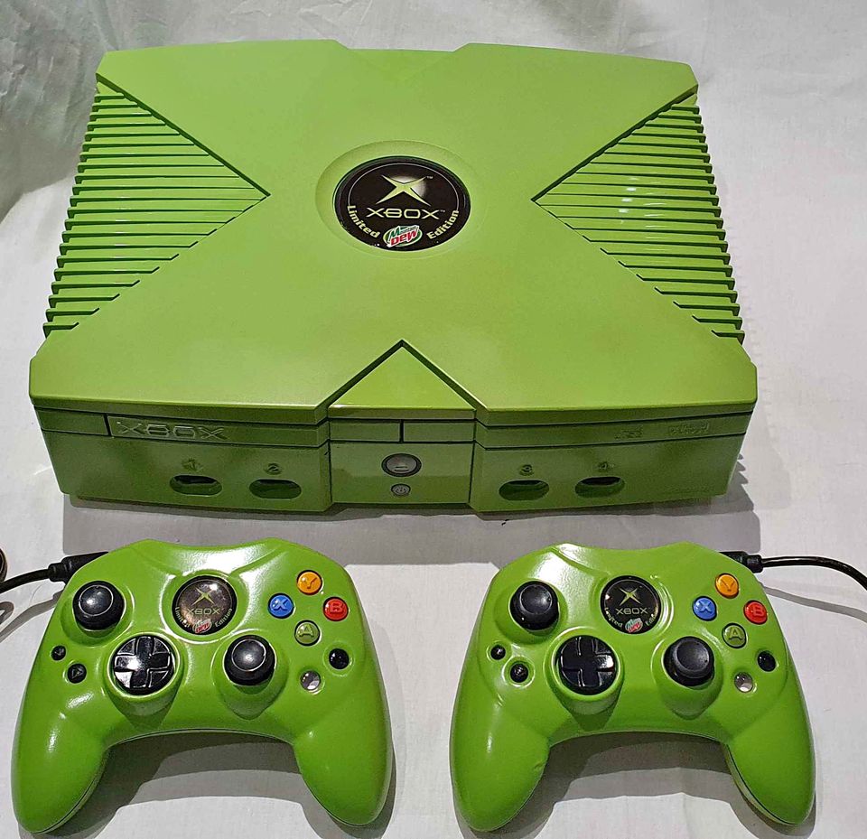 Boxed Xbox Mtn Dew & 2 custom controllers